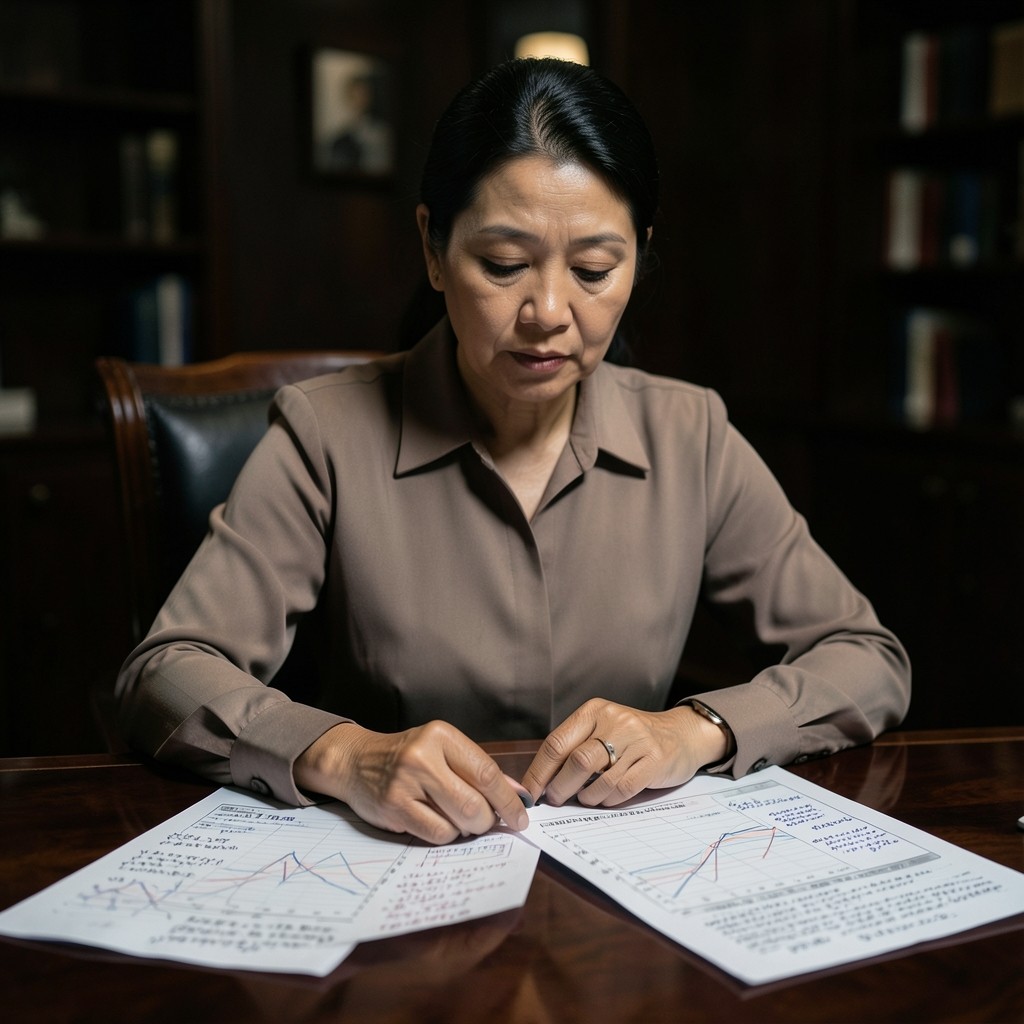 Lead analyst reviewing annotated renewal tables at a dark desk