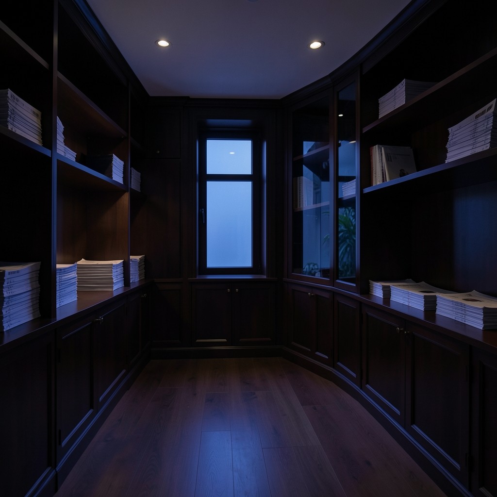 Quiet Bangkok studio with dark shelving and printed report stacks