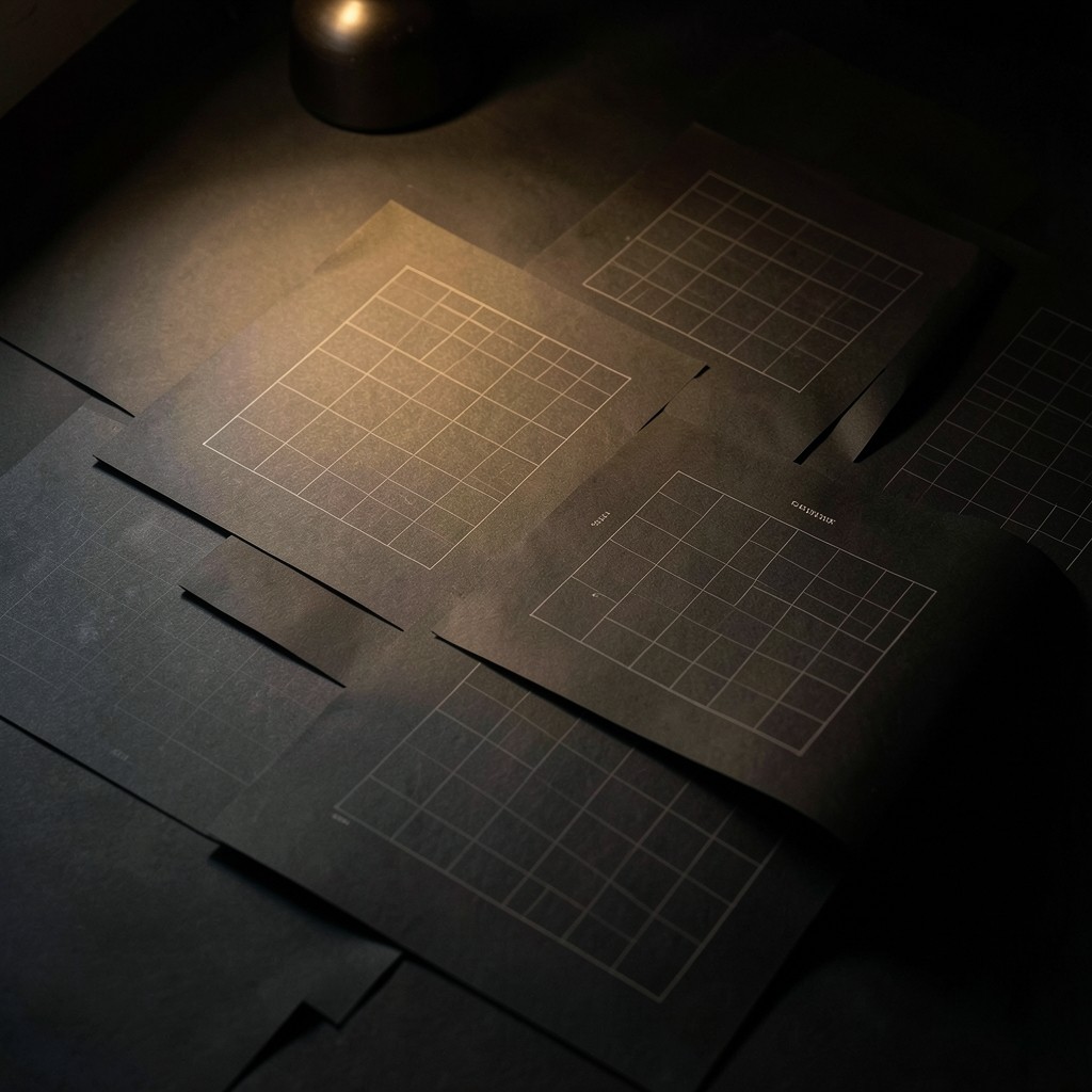 Warm lamp light over printed cohort grids on dark paper