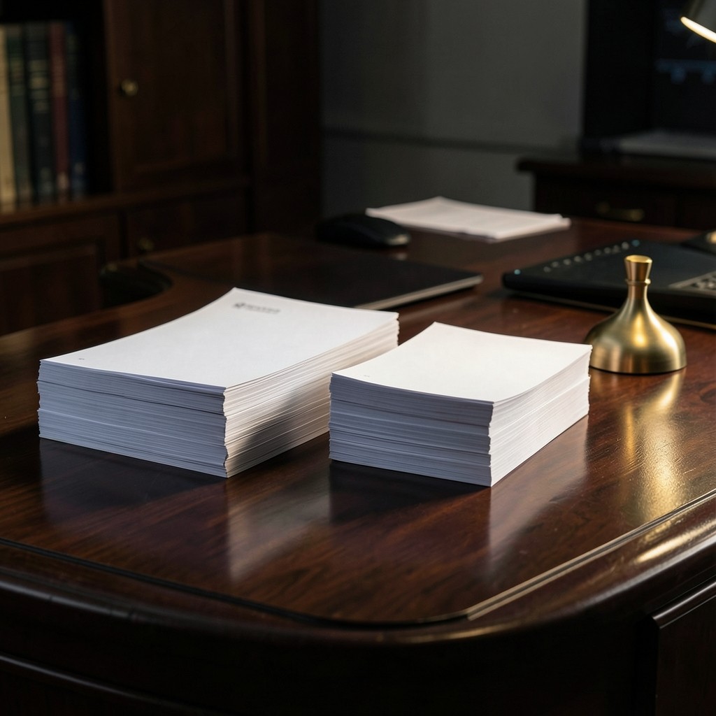 Two printed export stacks compared beside a brass paperweight