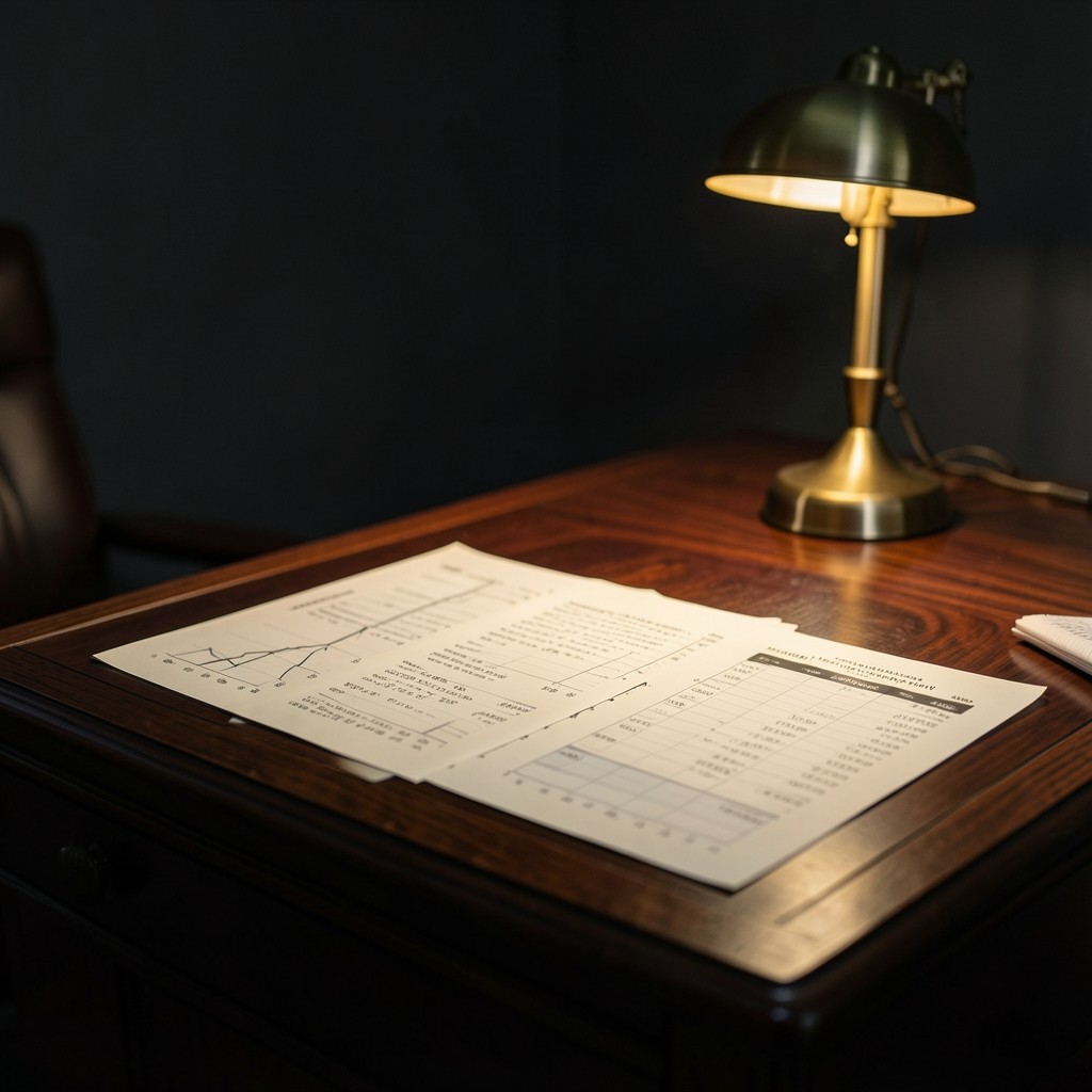Dark wood desk with printed subscription charts under cinematic side light