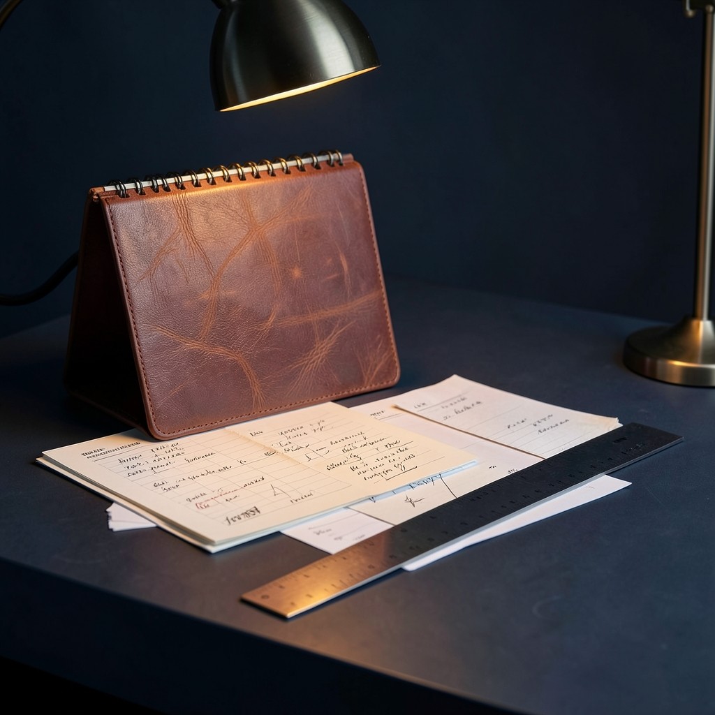 Monthly reporting calendar and marked printouts on a studio desk