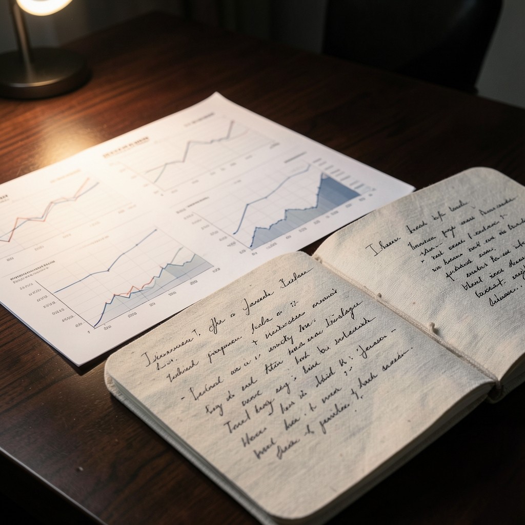 Printed revenue charts and annotated notes on a dark oak desk